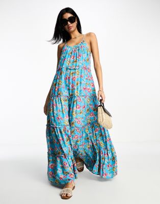 Vila tiered maxi cami dress in blue floral print | ASOS