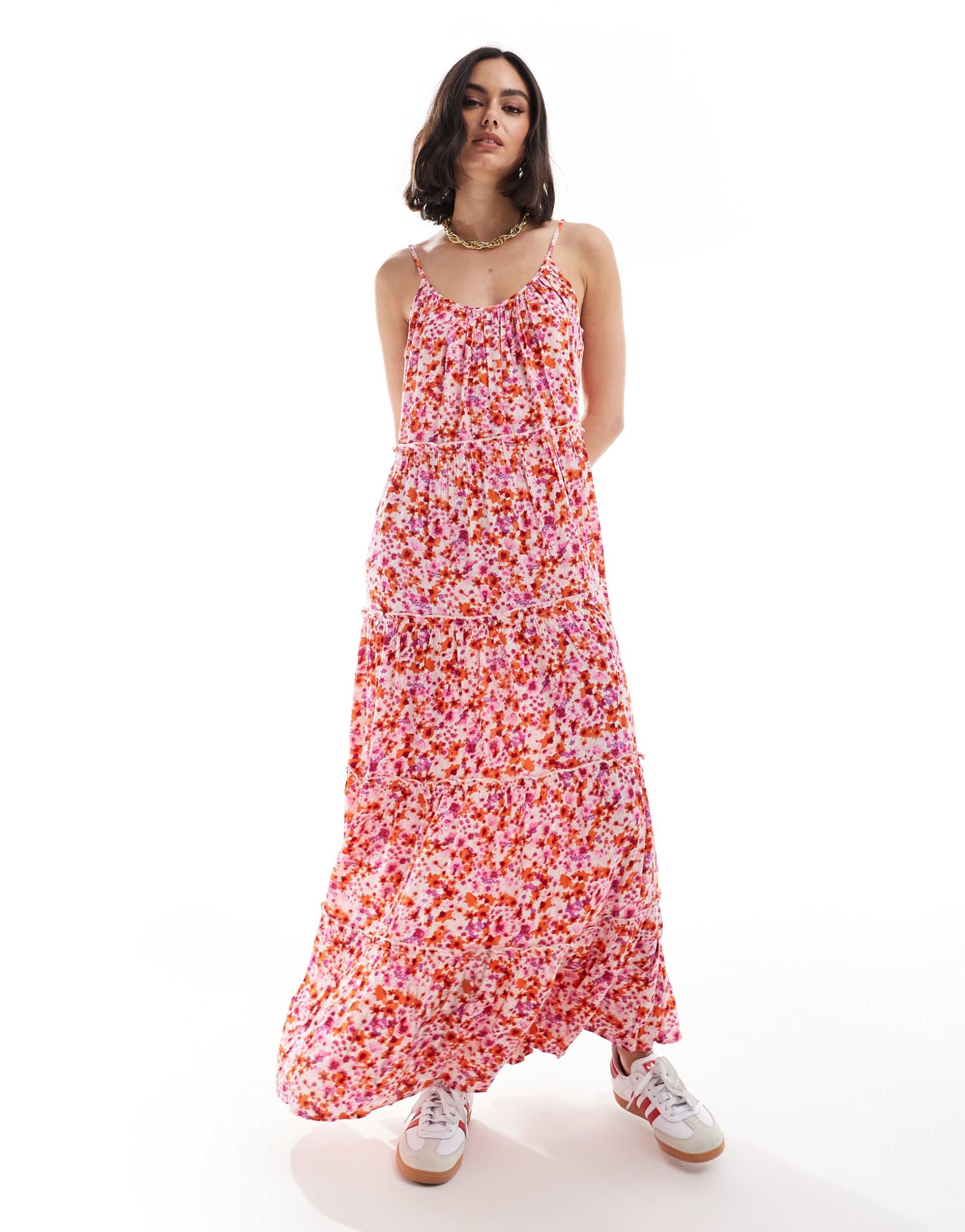 vila tiered maxi cami dress in pink floral print