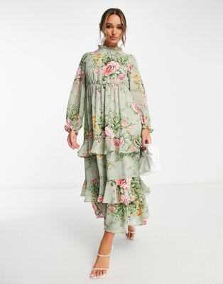 Vila tiered maxi dress with high neck in garden floral