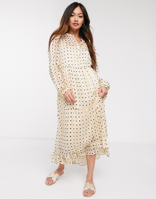 Vila tiered maxi shirt dress in polka dot