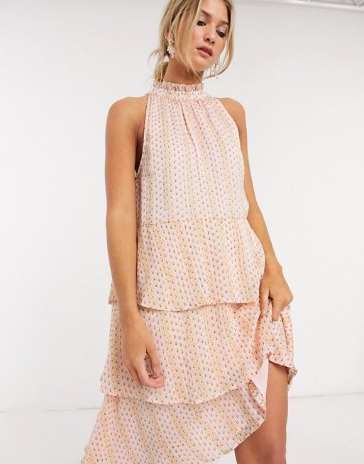 Vila tiered midi dress with halter neck in soft pink print