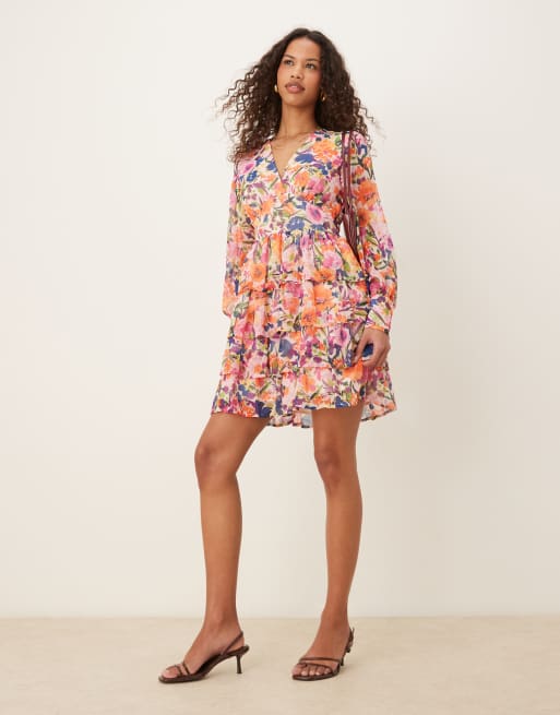 Vila tiered mini dress in multi floral print, 2 of 4