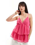 Vila tiered plunge neck cami top in pink