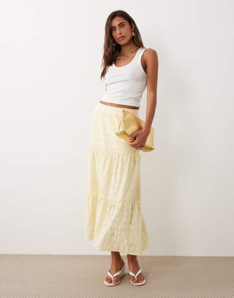 VILA tiered pointelle midi skirt in pastel yellow - view 1