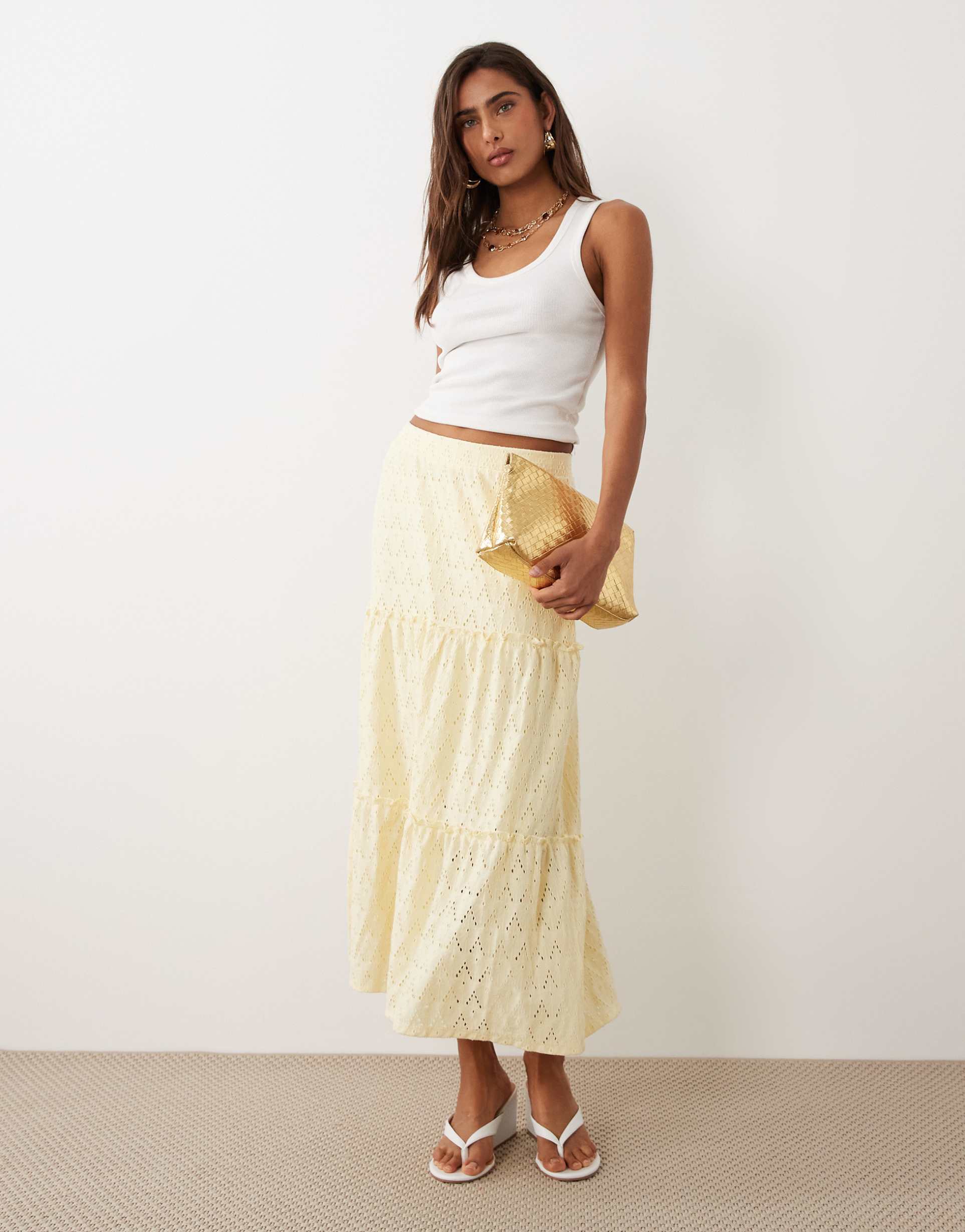 vila tiered pointelle midi skirt in pastel yellow
