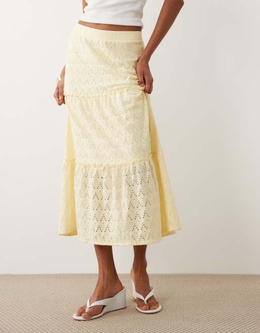 Vila tiered pointelle midi skirt in pastel yellow, 2 of 5