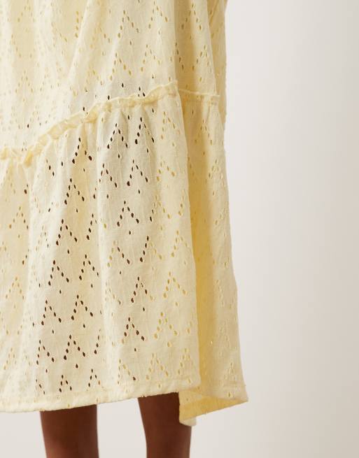 Vila tiered pointelle midi skirt in pastel yellow, 4 of 5