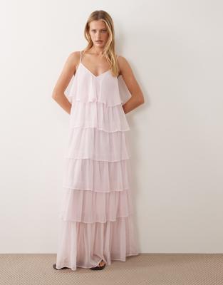 Vila Tiered Ruffle Cami Maxi Dress In Pink