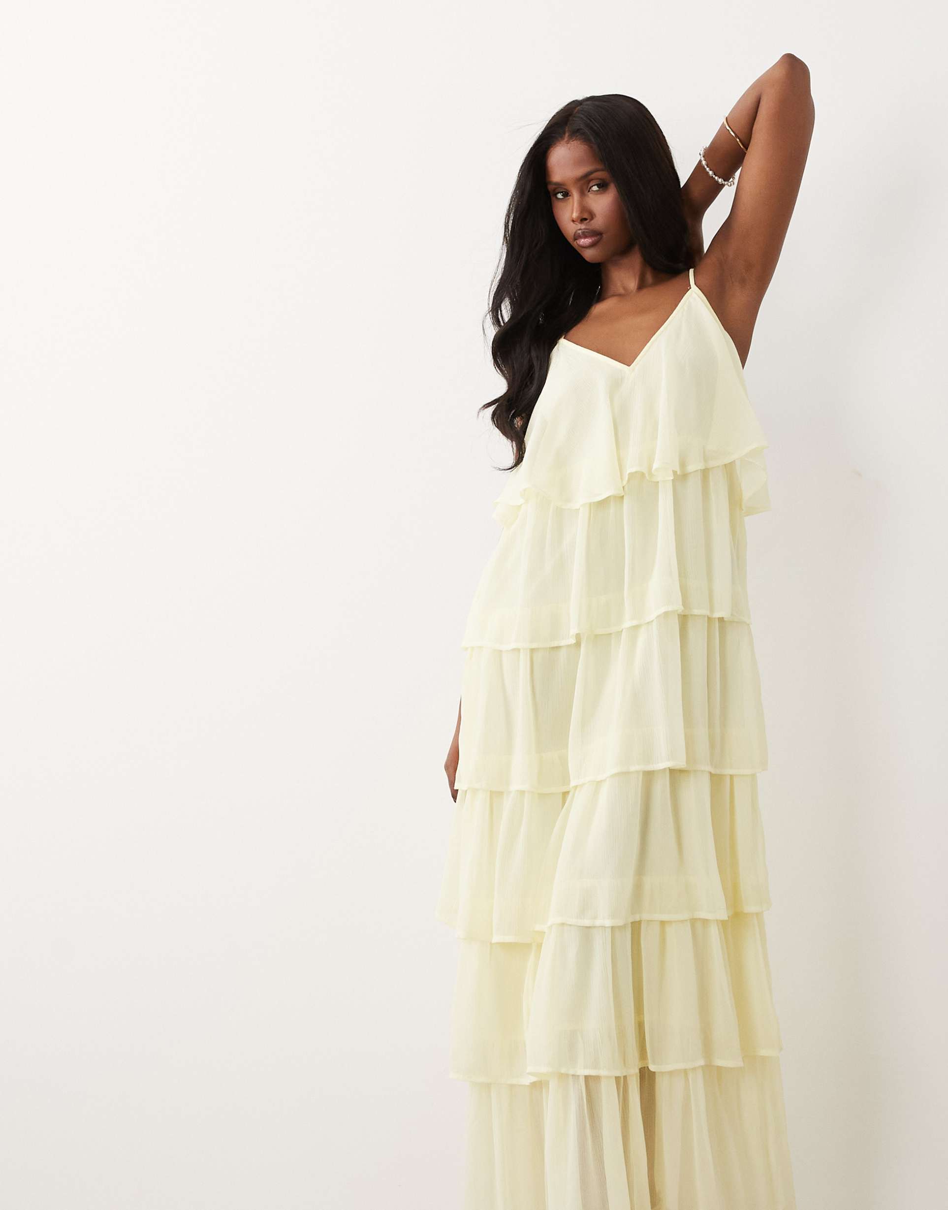vila tiered ruffle cami maxi dress in pastel yellow