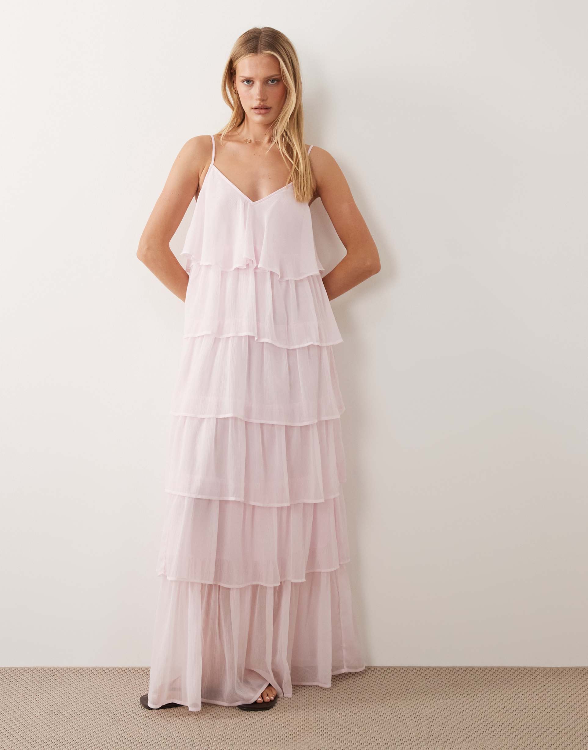 vila tiered ruffles cami maxi dress in cherry blossom pink
