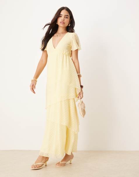 Vila tiered textured ankle dress in pale yellow - view 1