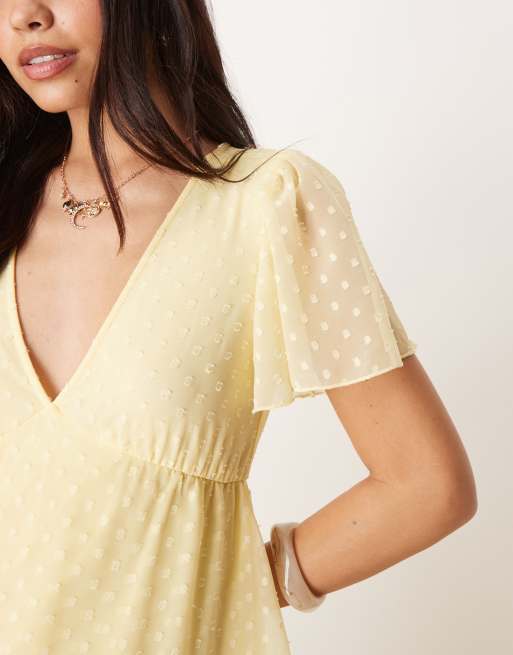 Vila tiered textured ankle dress in pale yellow, 2 of 4