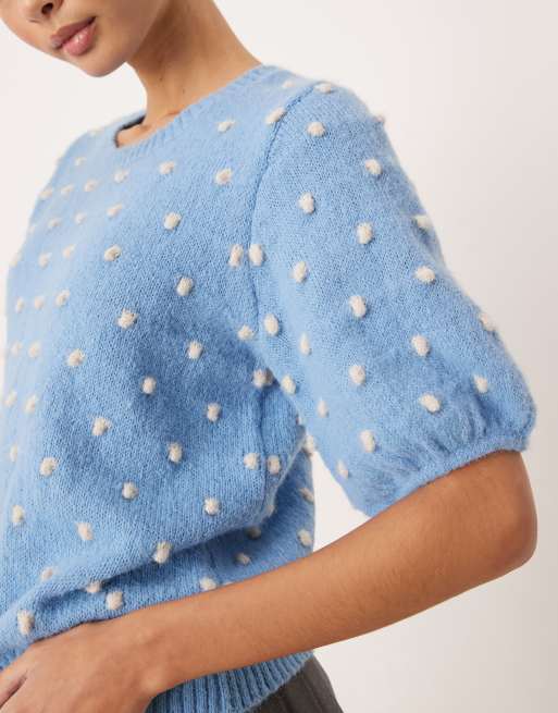 VILA - Top à manches courtes en maille texturée à boules - Bleu heureux, 3 de 4