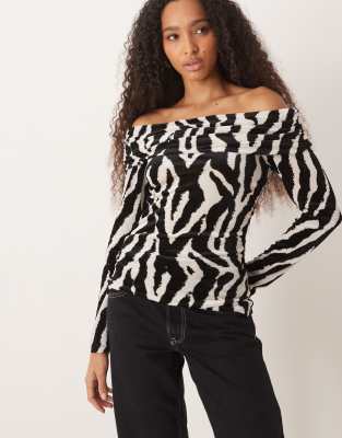 Top à manches longues et épaules dénudées avec motif zébré floqué-Noir S