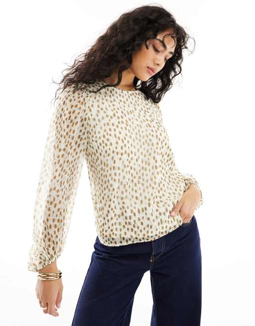 Vila - Top a pois beige con maniche voluminose