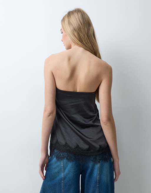 Vila top bandeau de satén con adorno de encaje en negro, 3 de 5