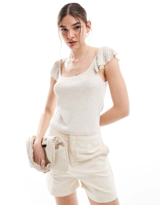 Vila - Top côtelé ultra doux à encolure carrée avec manches en fine maille crochetée - Beige