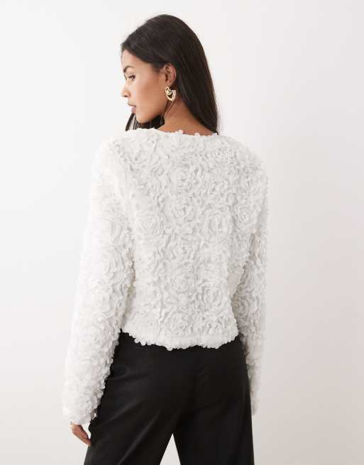 VILA - Top en jacquard fleuri avec fermoir à l'avant - Blanc, 4 de 4