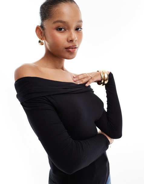 Vila - Top en jersey à épaules dénudées avec rabat - Noir - view 1