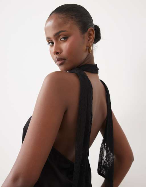 Vila top en satin à col foulard en dentelle noir, 4 de 4