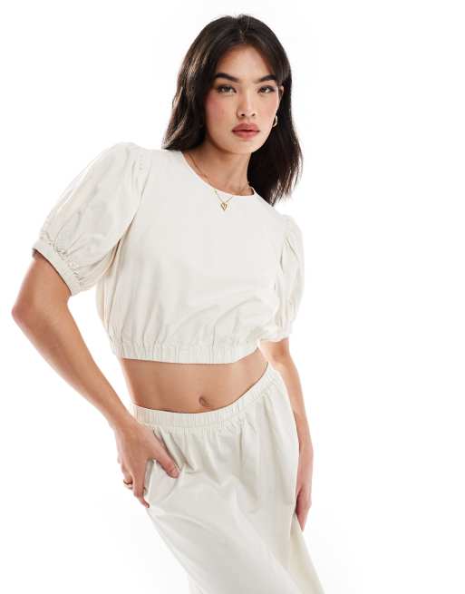 Vila - Top in cotone beige con maniche a sbuffo in coordinato