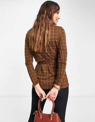 Chemises et blouses Vila - Top manches longues col montant et liens à la taille à carreaux - Marron