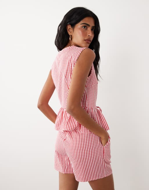 VILA - Top met gestrikte voorkant, peplumzoom en gingham ruit in rood en wit, deel van co-ord set, 4 van 4