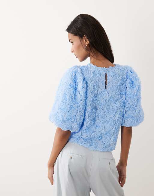 VILA - Top van gebloemd jacquard met korte mouwen in lichtblauw, 4 van 4