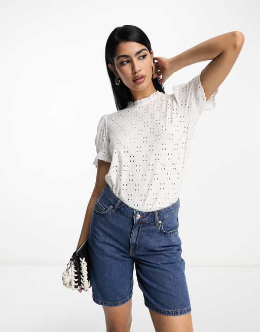 Vila - Top van jersey met broderie details en korte mouwen in wit