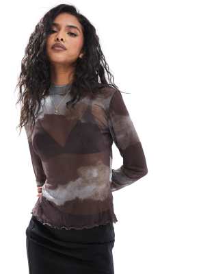 Vila - Top van mesh met lange mouwen en aquarelprint in chocoladebruin