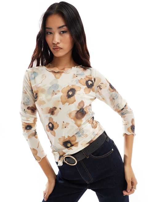 Vila - Top van mesh met lange mouwen en vervaagde bloemenprint in beige