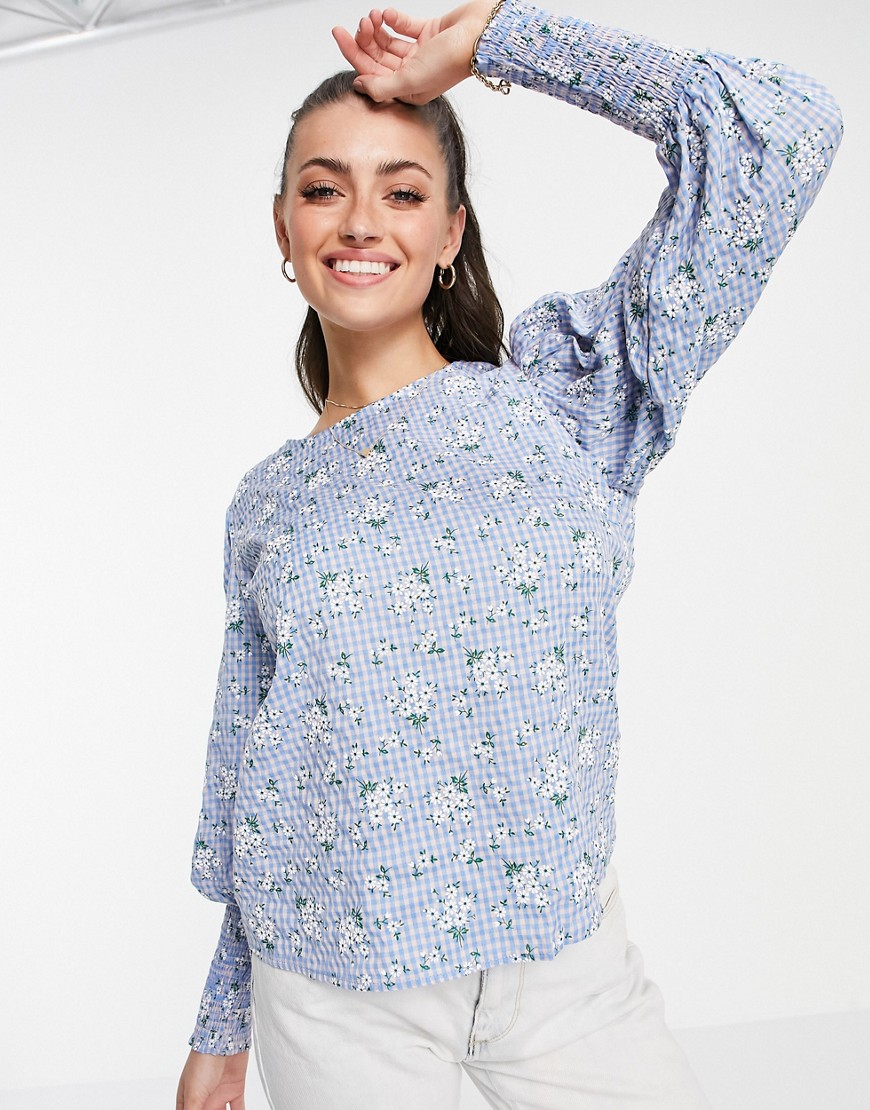 Vila top with shirred balloon sleeve in blue floral-Multi
