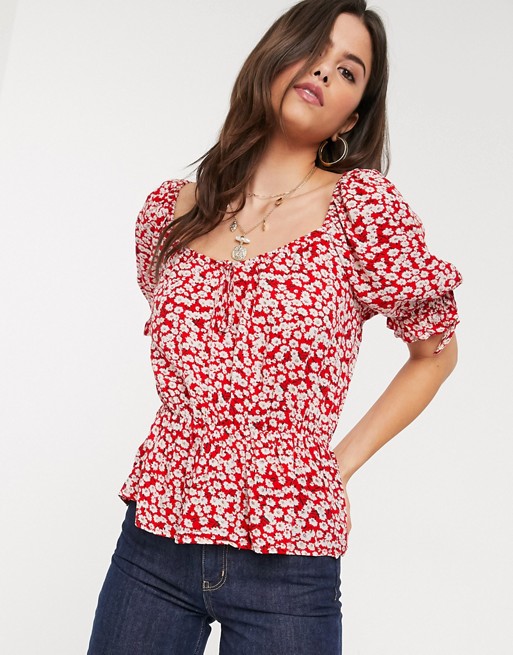 Vila top with sweetheart neck in white floral
