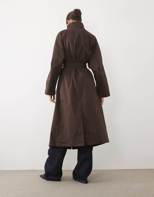 Vila trench-coat à col montant et ceinture à nouer marron chocolat, 3 de 4