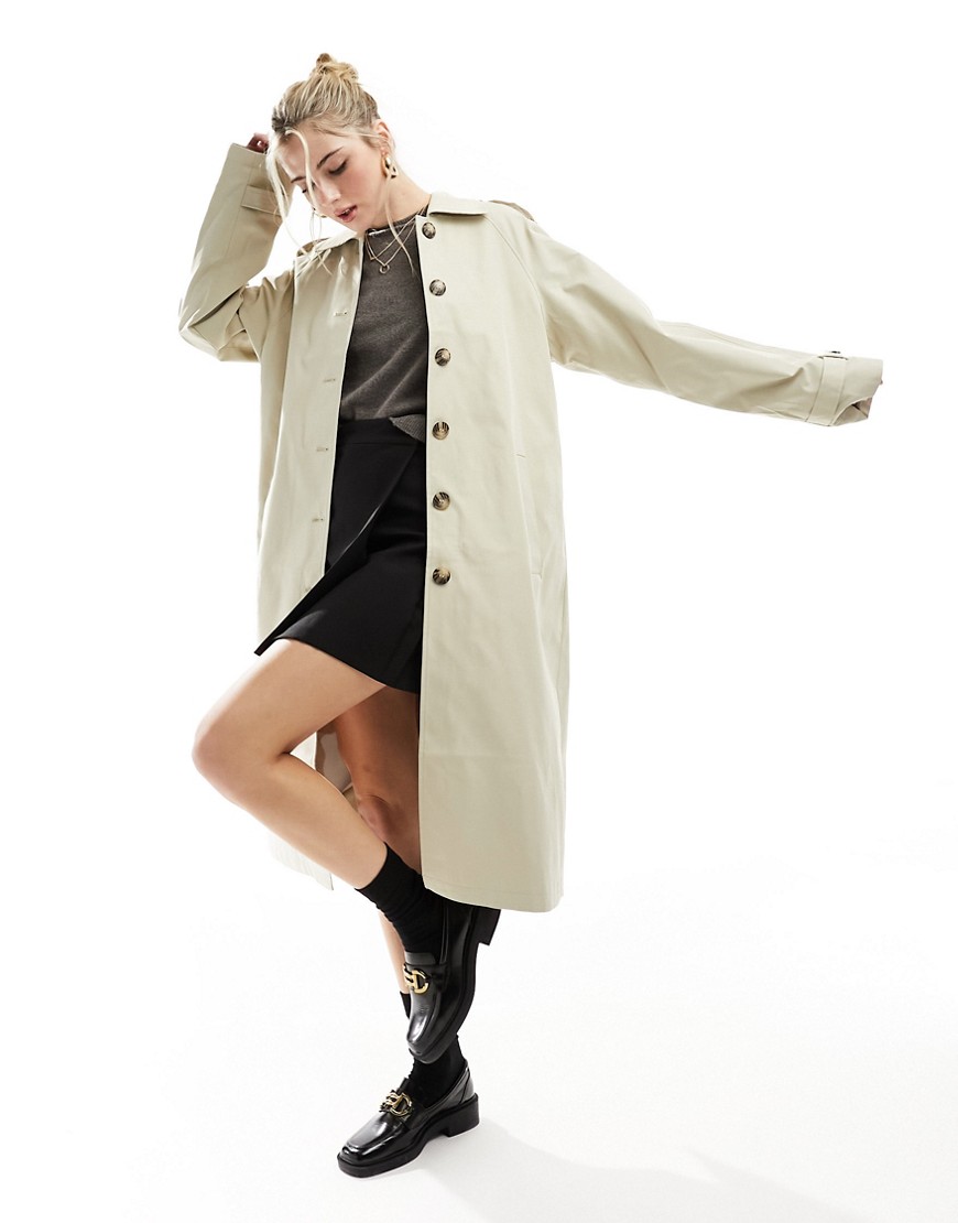 Vila Trench Coat With Button Front Detail In Stone-neutral