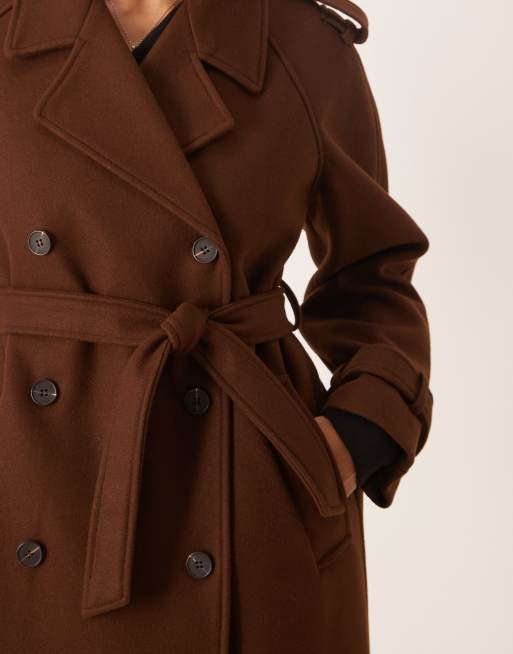 VILA - Trench pesante in lana marrone cioccolato, 3 di 4
