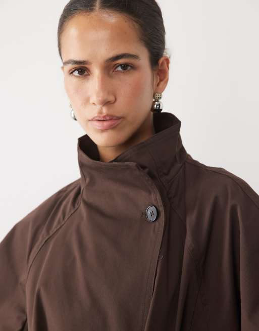 Vila trenchcoat med ståkrave og bindebælte i chokoladebrun, 4 af 4
