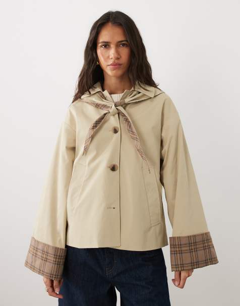 Vila trenchcoat med tørklædedetalje og korte længde med ternede kanter i beige - view 1
