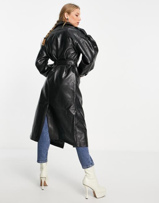Vila - Trenchcoat met leerlook in zwart, 4 van 4