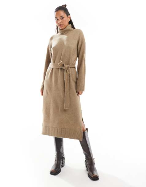 Vila turtle neck knit maxi dress with tie waist in neutral - view 1