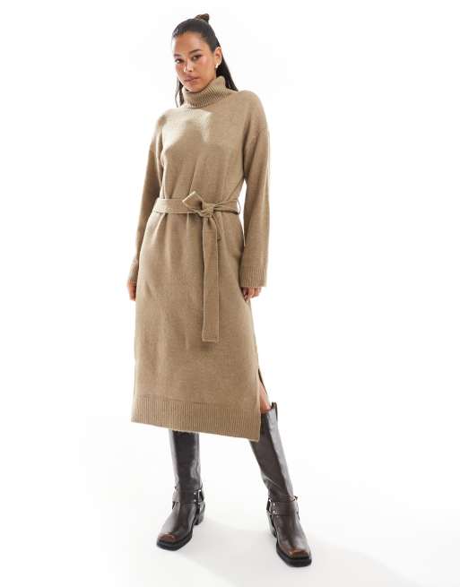 Vila turtle neck knit maxi dress with tie waist in neutral