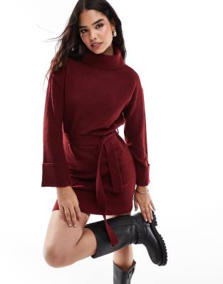 turtle neck mini sweater dress with tie waist in red