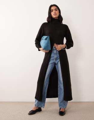 Vila Turtleneck Knit Maxi Pullover Sweater With Split Detail In Black