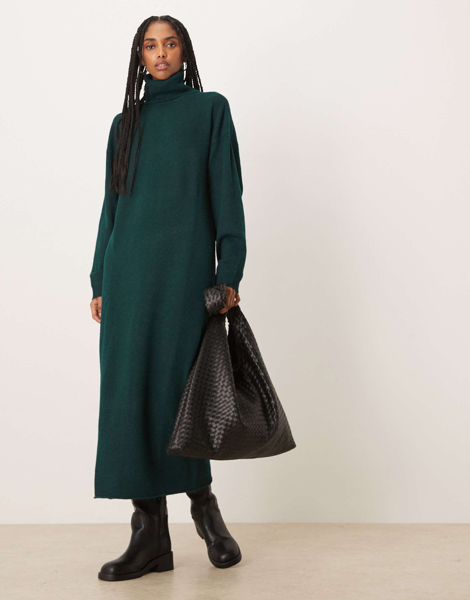 vila turtleneck knit midi dress in dark green melange