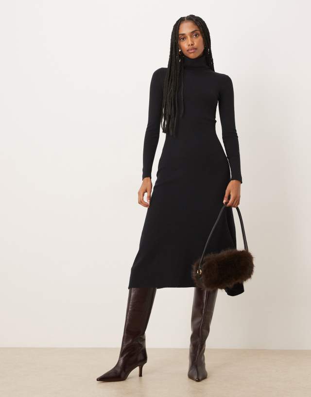 VILA turtleneck ribbed knit maxi dress in black