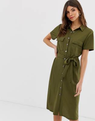 Vila utility button through midi shirt dress in khaki | ASOS