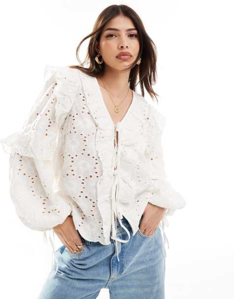 Vila v neck broderie tie front blouse in white 