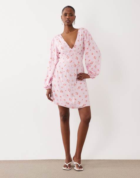 Vila v neck button front long sleeve mini dress in pink floral print - view 1