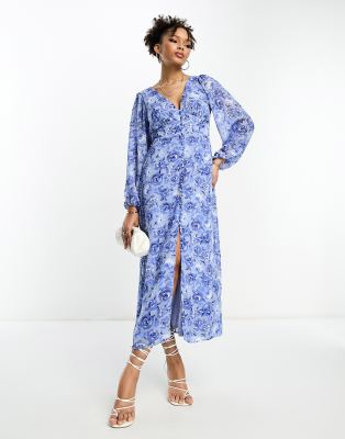 Vila v neck button through maxi dress in blue floral