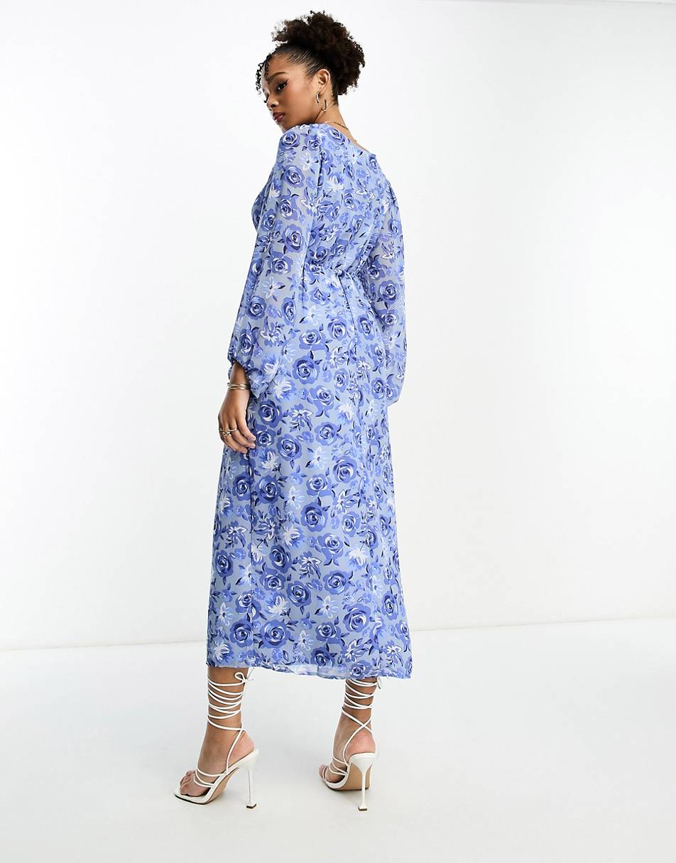 Vila v neck button through maxi dress in blue floral | research.engr.tu ...